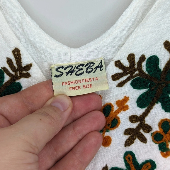 Vintage White Flowy Vacation Hippie Sleeveless Floral Embroidered Dress One Size - Picture 4 of 9